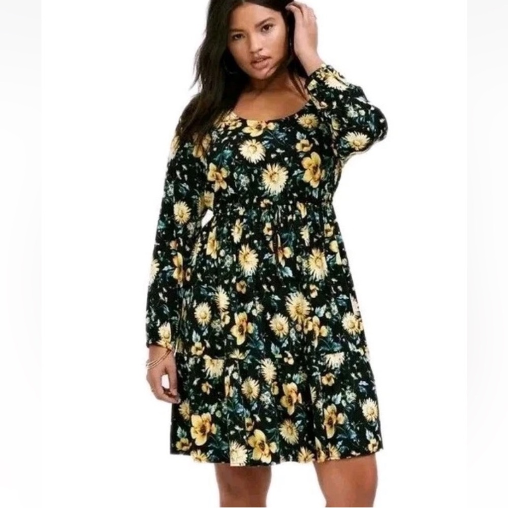 Torrid Black Floral Tiered Dress with Yellow Sunflower Print Fairy Cottage Boho